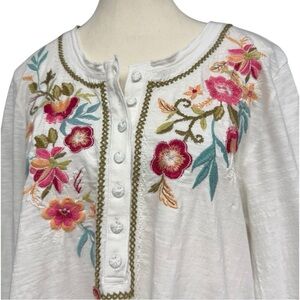 Sundance White Floral Embroidered Tunic Top Size Large, 3/4 Sleeve Boho NWOT